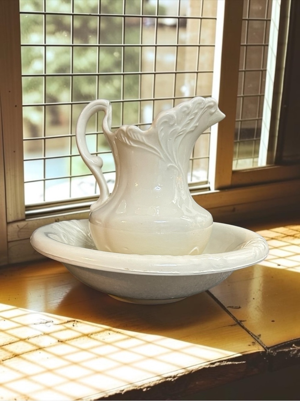 Vintage White Ceramic Pitcher and Basin Set